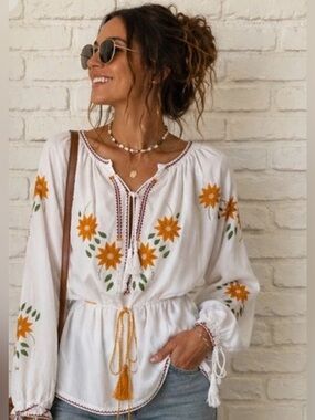 Sorrento Long Sleeve Peasant White Blouse Cotton Blend Casual Boho Chic Relaxed